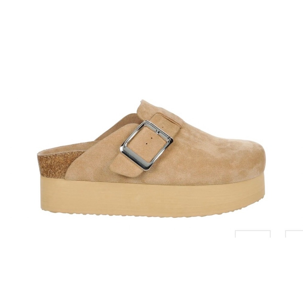 Madden Girl Tan Faux Suede Platform Buckle Clogs Mules Size 6.5